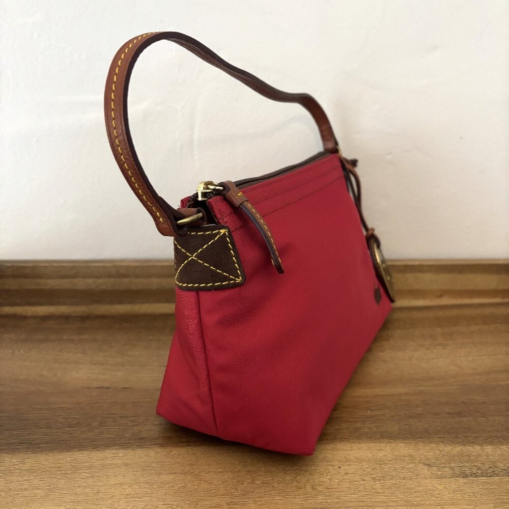 Dooney & Bourke Red Nylon Brown Leather Pouchette Mini Bag - Picture 2 of 12